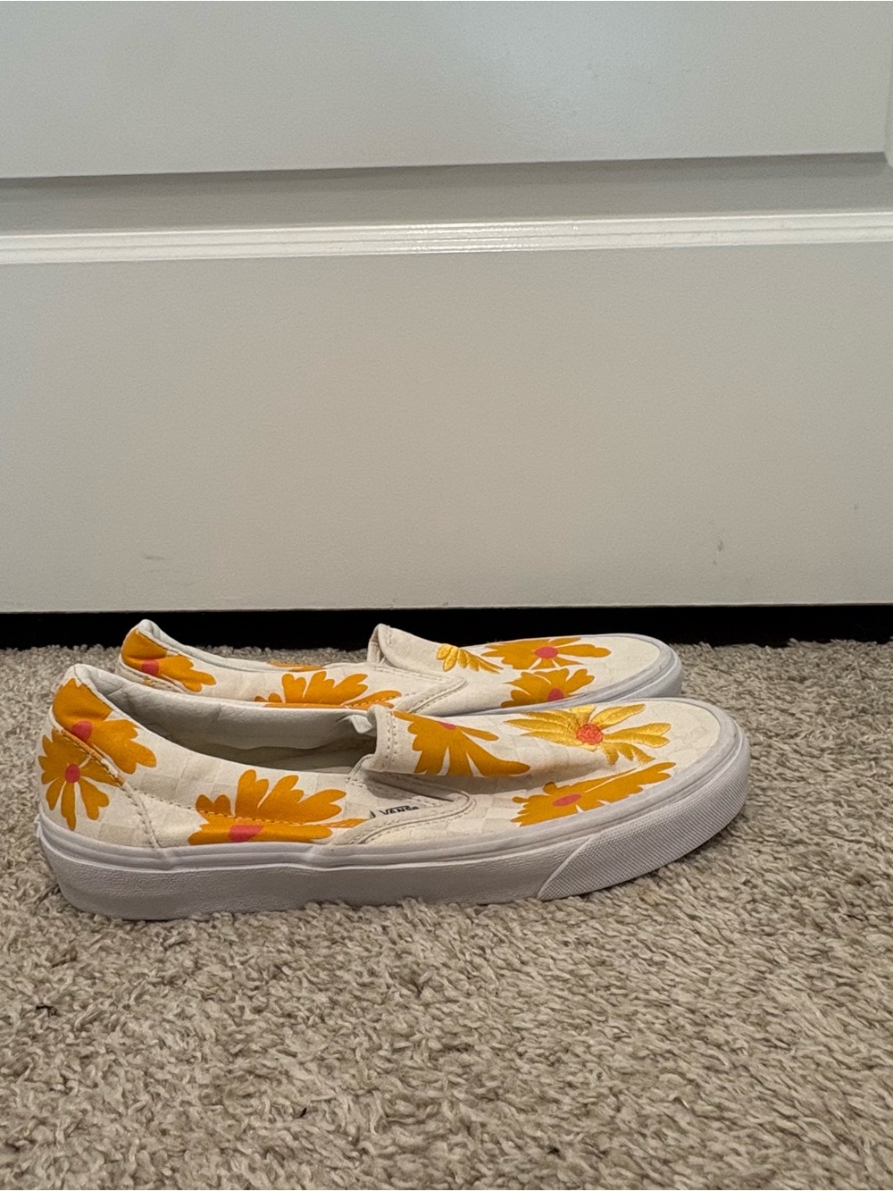 Vans White Slip-On Flats with Yellow & Pink Daisy Print
